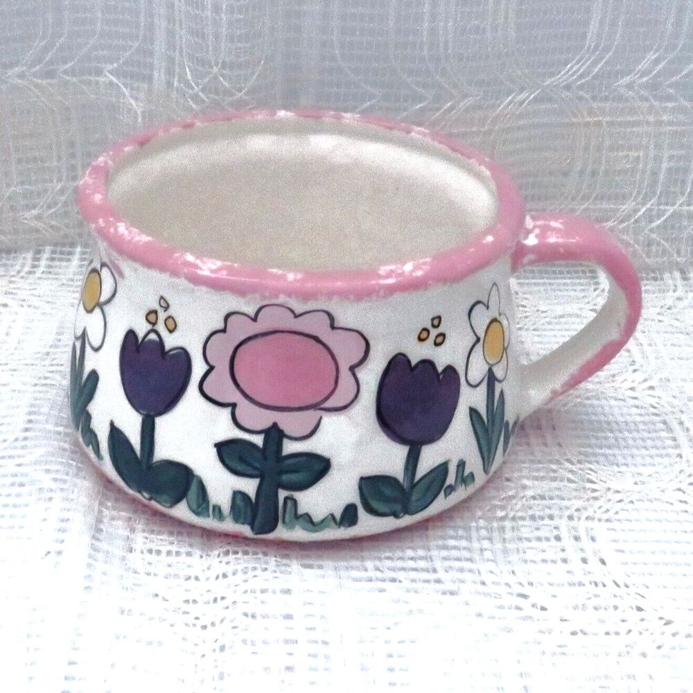 Vintage Handmade Ceramic Soup Mug with Purple and Pink Flowers, Soup Cup White